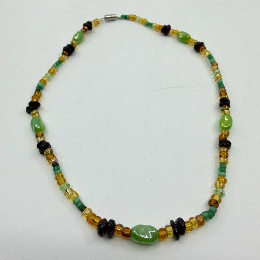 Necklace Vintage Green Amber Tone Glass Beaded Cottagecore Boho Statement Chain